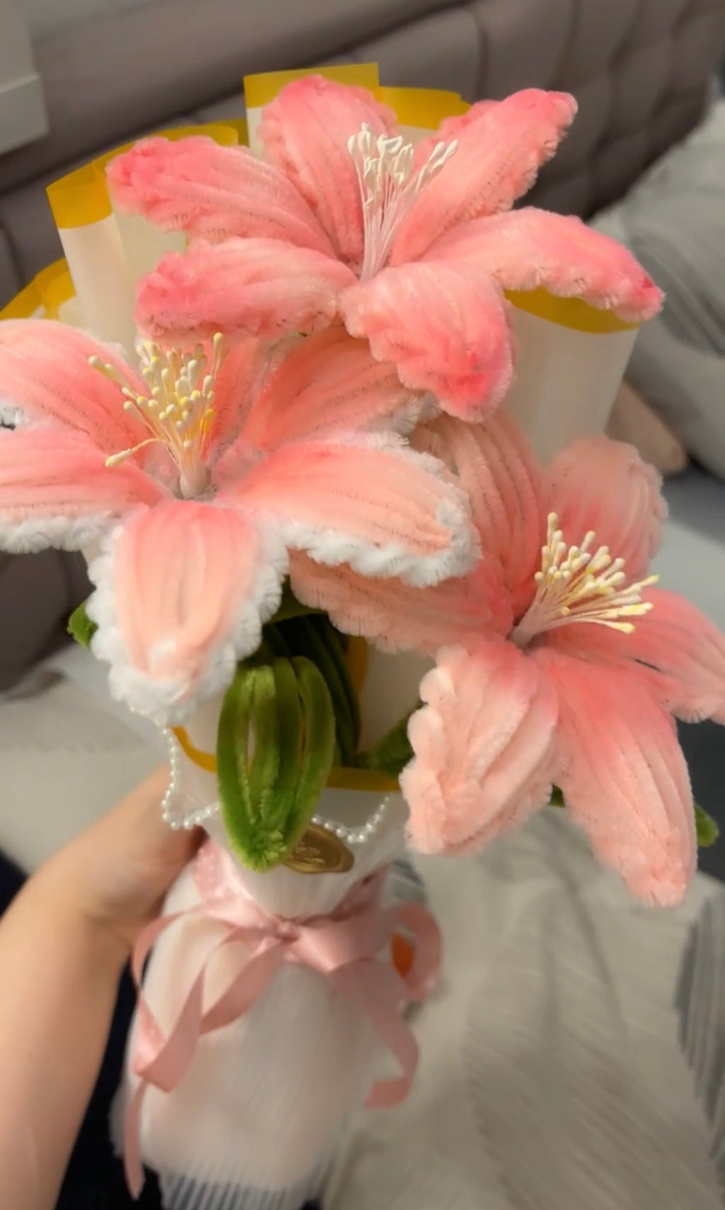 Pink Stargazing Lily Pipecleaner flower bouquet Golden Pink wrapped