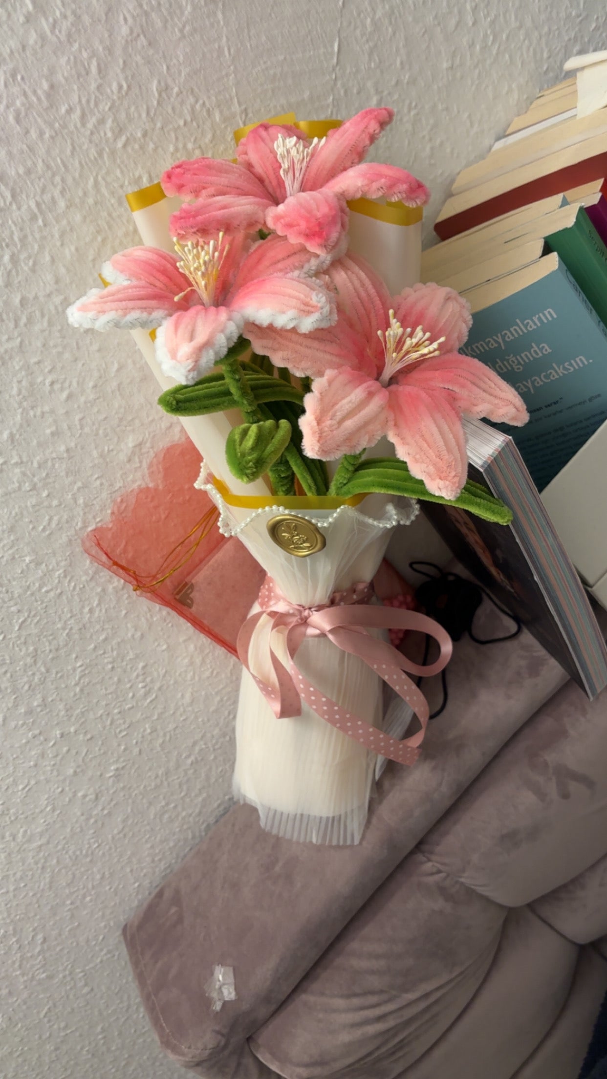 Pink Stargazing Lily Pipecleaner flower bouquet Golden Pink wrapped