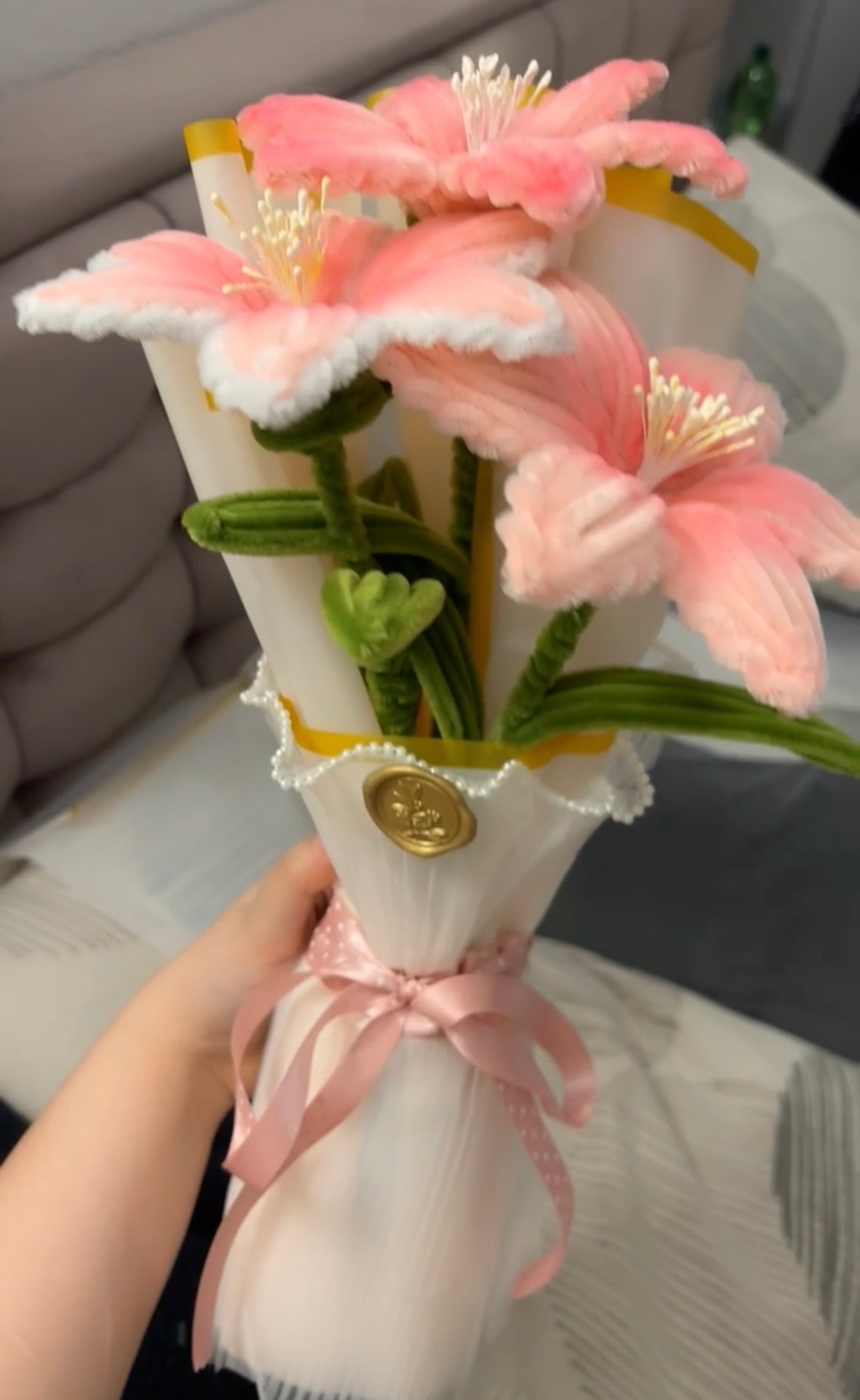 Pink Stargazing Lily Pipecleaner flower bouquet Golden Pink wrapped